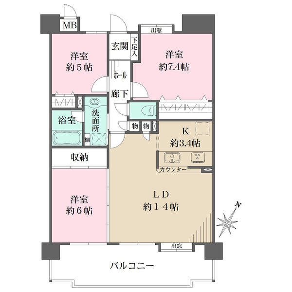 2部屋がバルコニーに面しています。LDKは合わせて約17.4帖、隣接する洋室との一體利用が可能。