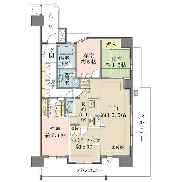 陽當りの良い南向き角住戸。開放感のある引き回しバルコニーが備わっています。全居室など隨所に収納有り。