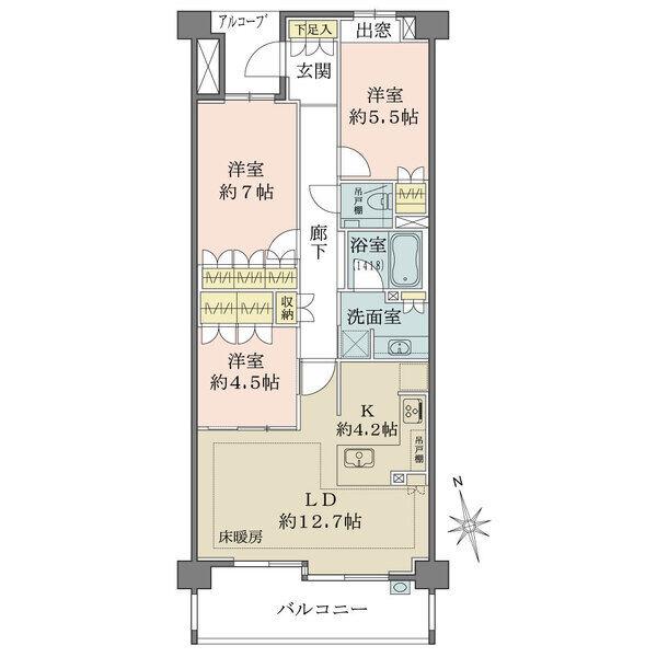 南?北の2面に開口部があり、陽當(dāng)り?通風(fēng)良好です。全居室に収納有。獨立性が高いアルコーブ付きです。
