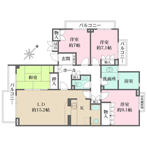 南西?北西?北東の3方向角住戸。3面バルコニー付きで眺望?陽當たり良好。洗面室と浴室に窓有り。