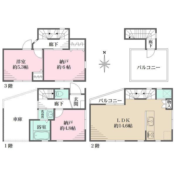 広々とした屋上バルコニーと車庫付き(車種による)、地上3階建。LDKは3方から陽光が入り開放的です。