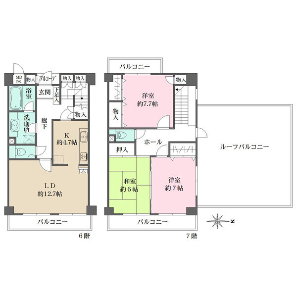 6?7階のメゾネットタイプ。全居室がバルコニーに面します。廊下物入の他、全居室収納付きで収納豊富。