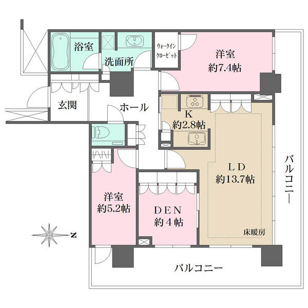 全居室がバルコニーに面し通風良好。キッチンは2WAYアクセス可能、家事動線良好。全居室収納付きです。