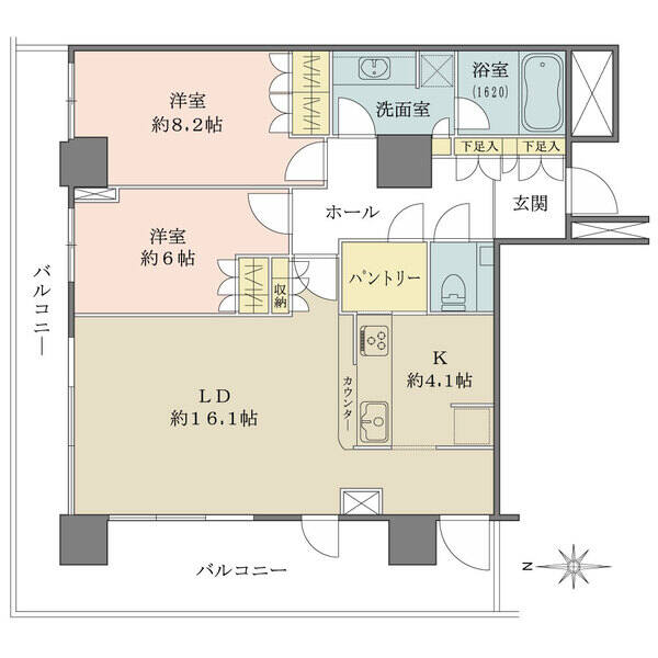 LDは約16.1帖の広々空間。キッチンは約4.1帖、橫には廊下からも出入り可能なパントリー付きです。