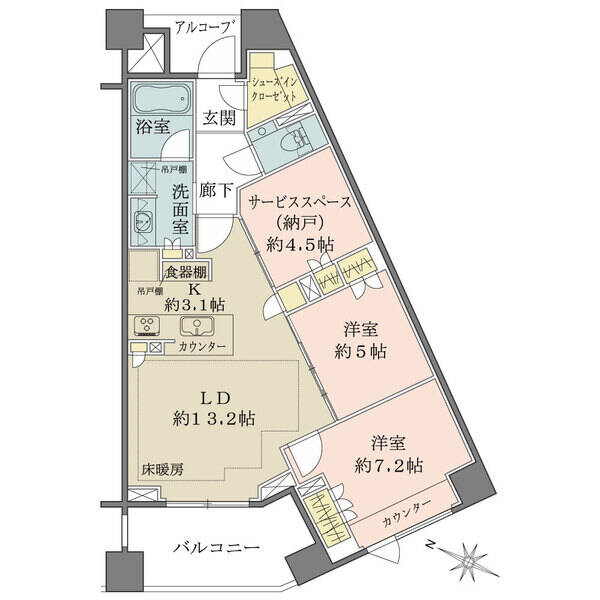 大型シューズインクローゼット付、南西向き70m2超。廊下が少なく有効スペースの多い間取りです。