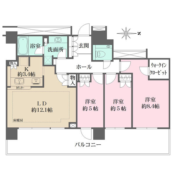 全居室がバルコニーに面し通風良好です。ウォークインクローゼットを含む全居室収納付きで収納豊富。