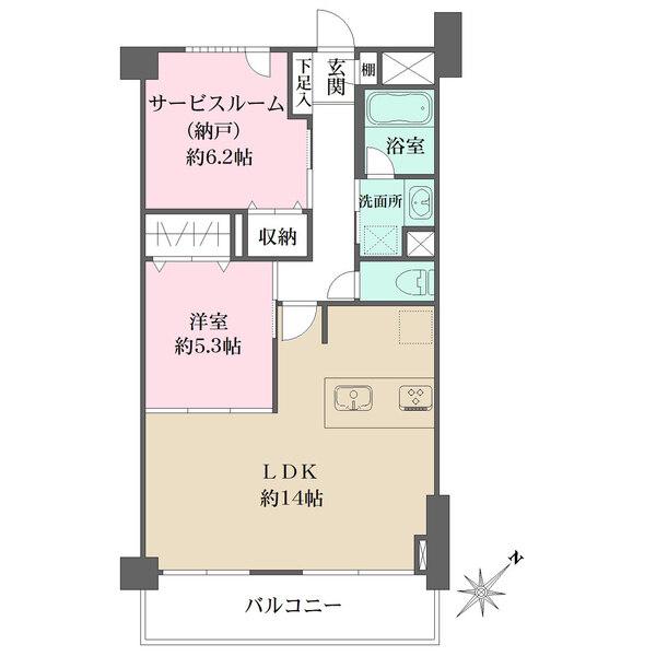 南東向き14帖越のLDK。前面は高い建物がなく青空が一望できます。