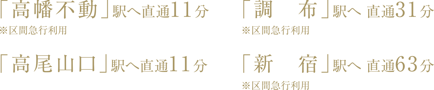 高幡不動駅へ直通11分、調布駅へ直通31分、高尾山口駅へ	直通11分、新宿駅へ直通63分