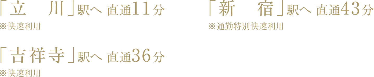 立川駅へ直通11分、新宿駅へ直通43分、吉祥寺駅へ直通36分