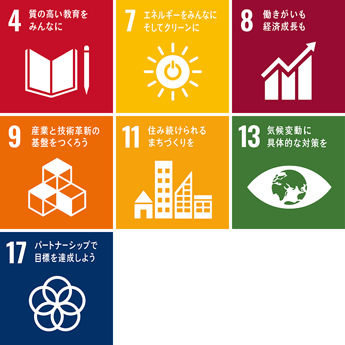 4 質の高い教育をみんなに 7 エネルギーをみんなにそしてクリーンに 8 働きがいも経済成長も 9 産業と技術革新の基盤をつくろう 11 住み続けられるまちづくりを 13 気候変動に具體的な対策を 17 パートナーシップで目標を達成しよう