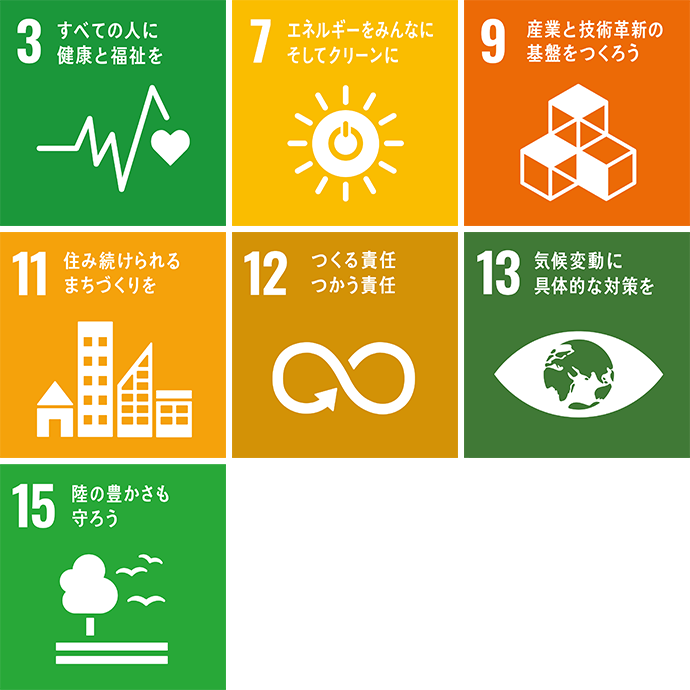 3 すべての人に健康と福祉を 7 エネルギーをみんなにそしてクリーンに 9 産業と技術革新の基盤をつくろう 11 住み続けられるまちづくりを 12 つくる責任つかう責任 13 気候変動に具體的な対策を 15 陸の豊かさも守ろう