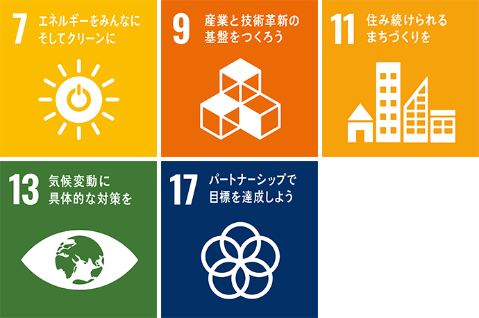 7 エネルギーをみんなにそしてクリーンに 9 産業(yè)と技術(shù)革新の基盤をつくろう 11 住み続けられるまちづくりを 13 気候変動に具體的な対策を 17 パートナーシップで目標を達成しよう