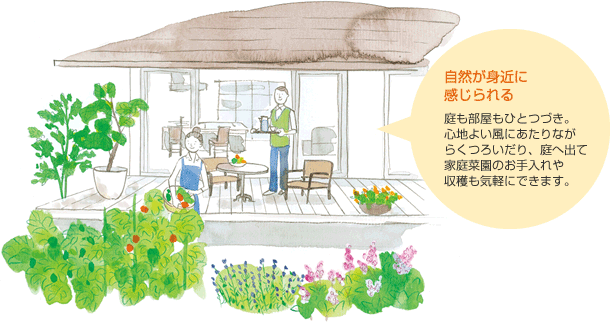自然が身近に感じられる 庭も部屋もひとつづき。心地よい風にあたりながらくつろいだり、庭へ出て家庭菜園のお手入れや収穫も気軽にできます。