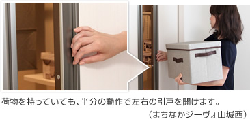 荷物を持っていても、半分の動(dòng)作で左右の引戸を開(kāi)けます。（まちなかジーヴォ山城西）