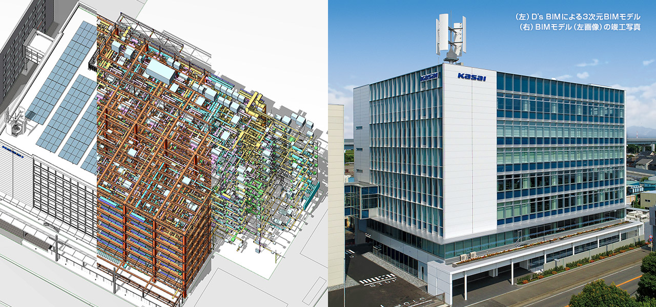 (左)D’s BIMによる3次元BIMモデル (右)BIMモデル(左畫像)の竣工寫真