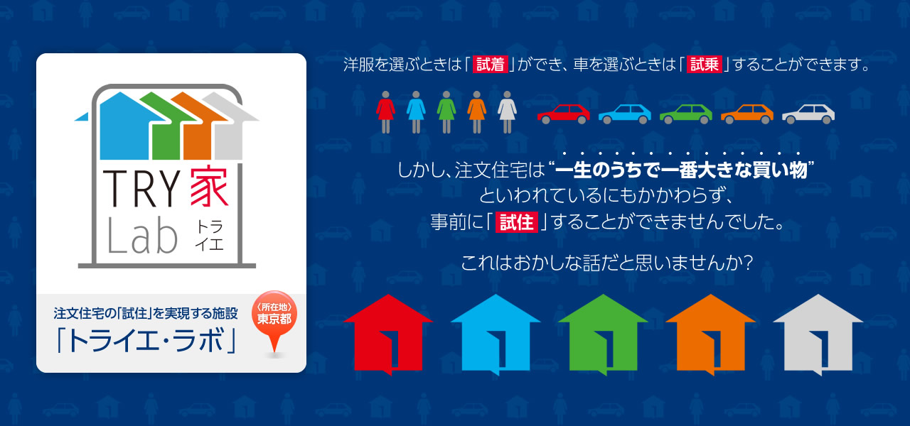 洋服を選ぶときは「試著」ができ、車を選ぶときは「試乗」することができます。しかし、注文住宅は“一生のうちで一番大きな買い物”といわれているにもかかわらず、事前に「試住」することができませんでした。これはおかしな話だと思いませんか？注文住宅の「試住」を?qū)g現(xiàn)する施設(shè)「トライエ?ラボ」　所在地 東京都