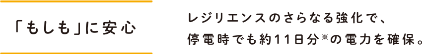 「もしも」に安心 レジリエンスのさらなる強化で、停電時でも約11日分※の電力を確保。