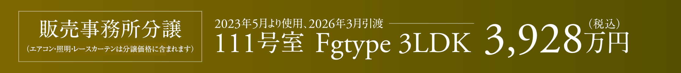 販売事務(wù)所分譲（エアコン?照明?レースカーテン） 111號(hào)室（Fg 3LDK）3,928萬(wàn)円：2023年5月より使用、2026年3月引渡