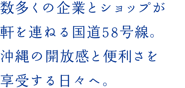 數多くの企業とショップが軒を連ねる國道58號線。沖縄らしい開放感と便利さを享受する日々へ。