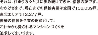 それは、住まう方々と共に歩み続けてきた、信頼の証です。おかげさまで、現在までの供給実績は全國106,039戸、東北エリア12,277戸。皆様の信頼を企業の財産として、これからも愛されるマンションづくりを追求してまいります。