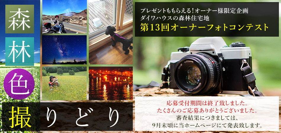 プレゼントももらえる！オーナー様限定企畫 ダイワハウスの森林住宅地 第13回オーナーフォトコンテスト「森林色撮りどり」今回のオーナーフォトコンテストは「森林 色撮りどり」と題して「風景」「動物」「草花」「趣味」の4つのテーマで募集。応募受付期間は終了致しました。たくさんのご応募ありがとうございました。