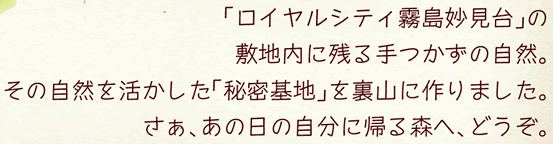 「ロイヤルシティ霧島妙見臺」の敷地內に殘る手つかずの自然。その自然を活かした「秘密基地」を裏山に作りました。さあ、あの日の自分に帰る森へ、どうぞ。