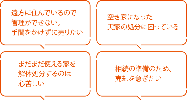 「遠(yuǎn)方に住んでいるので管理ができない。手間をかけずに売りたい」「空き家になった実家の処分に困っている」「まだまだ使える家を解體処分するのは心苦しい」「相続の準(zhǔn)備のため、売卻を急ぎたい」