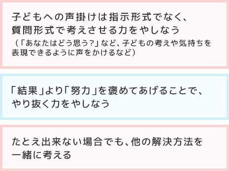 ?子どもへの聲掛けは指示形式でなく、質問形式で考えさせる力をやしなう(「あなたはどう思う?」など、子どもの考えや気持ちを表現できるように聲をかけるなど)?「結果」より「努力」を褒めてあげることで、やり抜く力をやしなう?たとえ出來ない場合でも、他の解決方法を一緒に考える