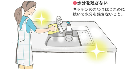 ●水分を殘さない キッチンのまわりはこまめに拭いて水分を殘さないこと。