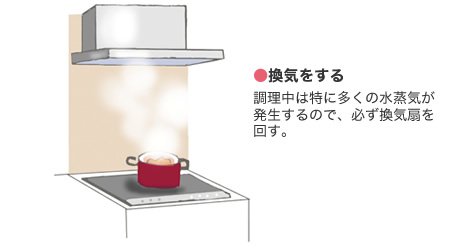●換気をする 調理中は特に多くの水蒸気が発生するので、必ず換気扇を回す。