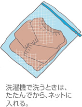 洗濯機(jī)で洗うときは、たたんでから、ネットに入れる。