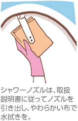 シャワーノズルは、取扱説明書に従ってノズルを引き出し、やわらかい布で水拭きを。