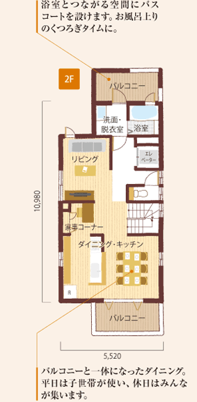 【2F】浴室とつながる空間にバスコートを設けます。お風呂上りのくつろぎタイムに。バルコニーと一體になったダイニング。平日は子世帯が使い、休日はみんなが集います。