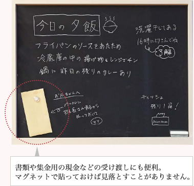 書類や集金用の現(xiàn)金などの受け渡しにも便利。マグネットで貼っておけば見落とすことがありません。