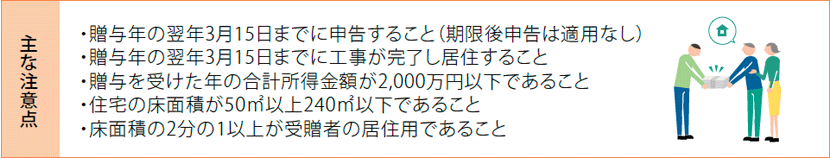 [主な注意點]?贈與年の翌年3月15日までに申告すること（期限後申告は適用なし）?贈與年の翌年3月15日までに工事が完了し居住すること?贈與を受けた年の合計所得金額が2,000萬円以下であること?住宅の床面積が50m²以上240m²以下であること?床面積の2分の1以上が受贈者の居住用であること